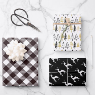 Rustic Black & Gold Christmas Reindeer Evergreens Wrapping Paper Sheet