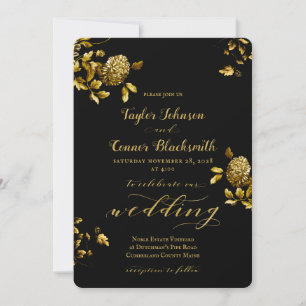 Rustic Black Gold Floral Calligraphy Wedding Invitation