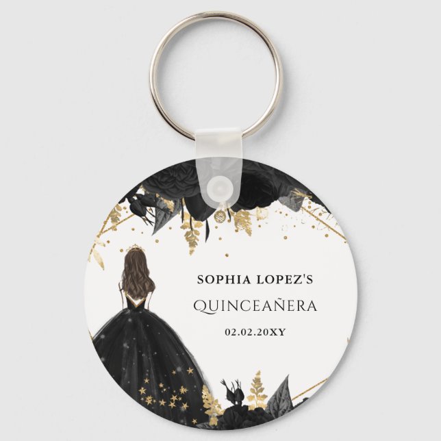Rustic Black Gold Floral Princess Quinceanera  Keychain (Front)