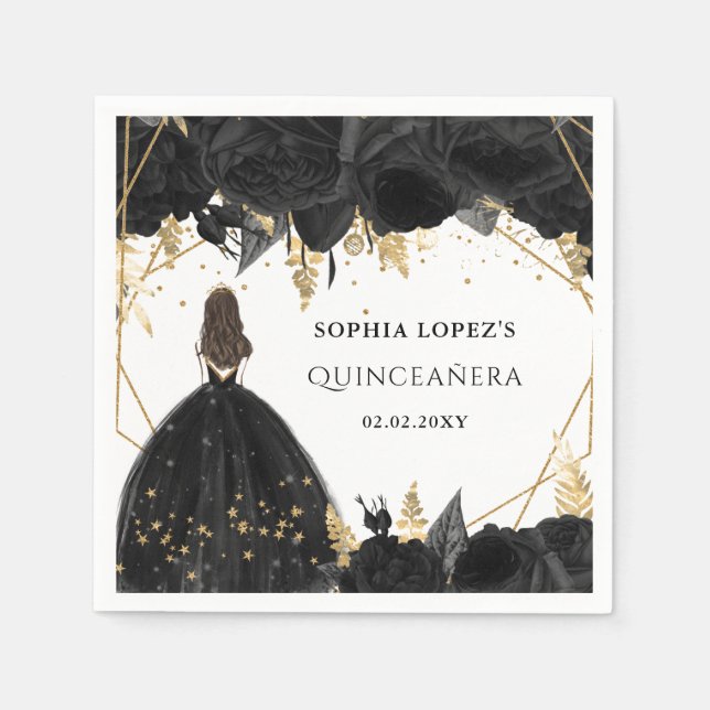 Rustic Black Gold Floral Princess Quinceanera  Napkin (Front)