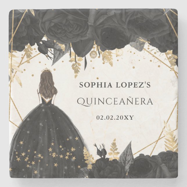 Rustic Black Gold Floral Princess Quinceanera    Stone Coaster (Front)