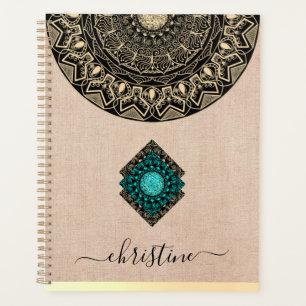 Rustic black gold mandala beige burlap name planner