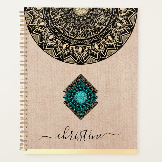 Rustic black gold mandala beige burlap name planner (Front)