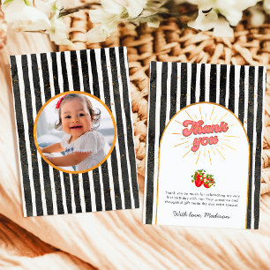 Rustic Black Gold White Birthday Photo Strawberry Thank You Card