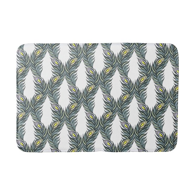 Rustic black, green and white Peacock feathers Bath Mat (Front)