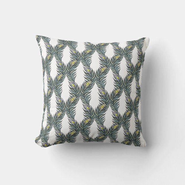 Rustic black, green and white Peacock feathers Throw Pillow (Front)