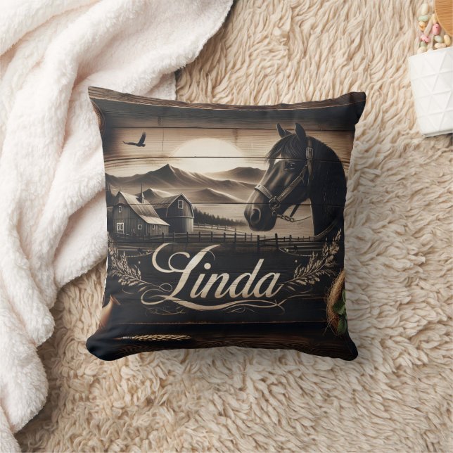 Rustic Black Horse Portrait at Sunset Landscape Throw Pillow (Blanket)
