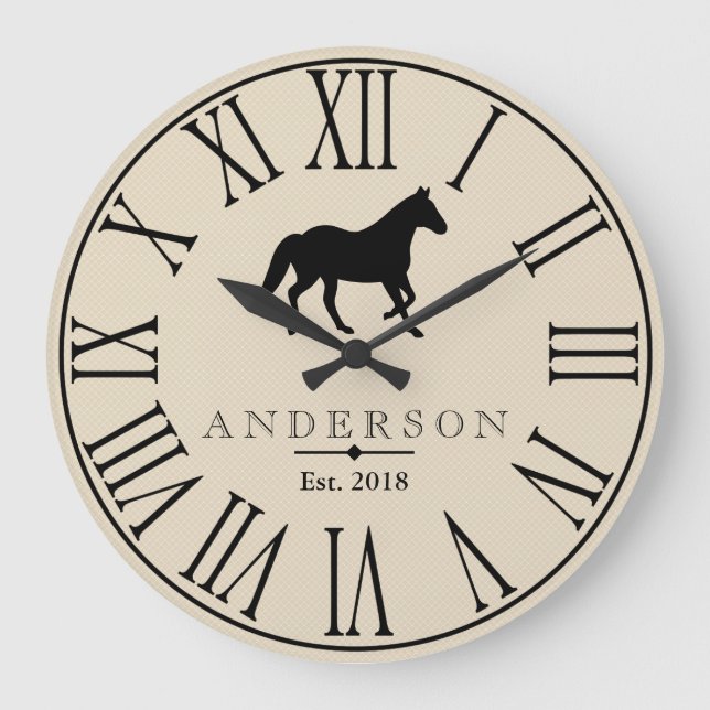 Rustic Black Horse Silhouette & Family Name Large Clock (Front)