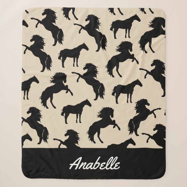 Rustic Black Horse Silhouettes | Personalized Sherpa Blanket (Front)