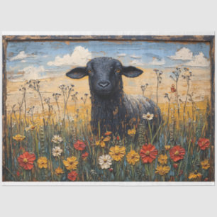 Rustic Black Lamb with Wildflowers Art Decoupage Tissue Paper