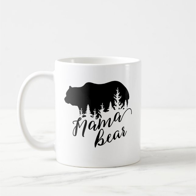Rustic Black Mama Bear & Evergreen Trees Coffee Mug (Left)