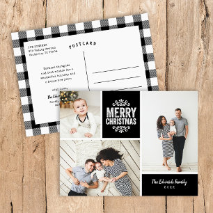 Rustic Black Merry Christmas 3 Photo Collage Holiday Postcard