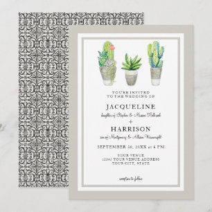 Rustic Black n White Tile Succulents n Cactus Art Invitation