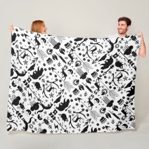 Rustic Black Owl Bear Deer Fox Woodland Pattern Fleece Blanket