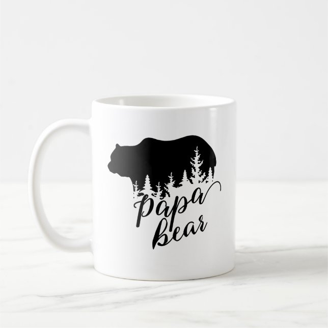 Rustic Black Papa Bear & Evergreen Trees Coffee Mug (Left)