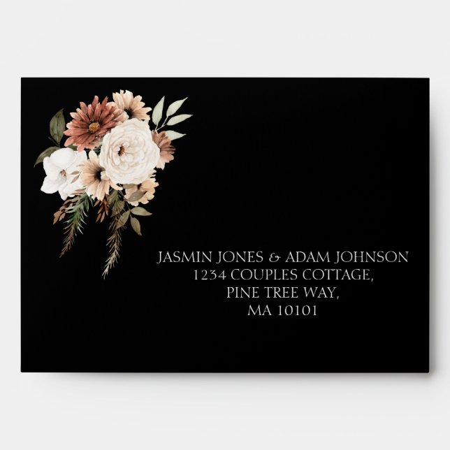Rustic Black Peach Floral Elegant Wedding Envelope (Front)