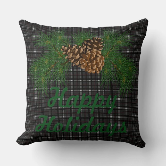 Rustic black plaid, pine cone, happy holidays throw pillow (Front)