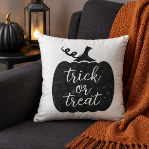 Rustic Black Pumpkin Trick or Treat Script Throw Pillow