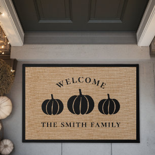 Rustic Black Pumpkins Family Name Welcome Doormat