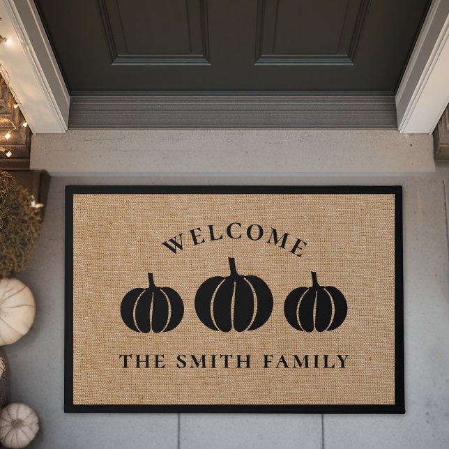 Rustic Black Pumpkins Family Name Welcome Doormat (Creator Uploaded)
