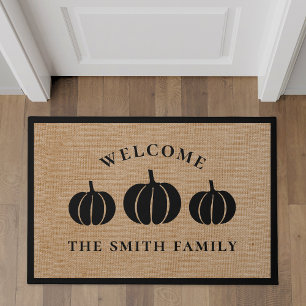 Rustic Black Pumpkins Family Name Welcome Doormat