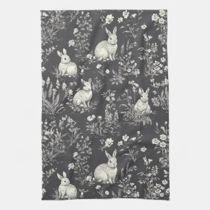 Rustic Black Rabbit Botanical Toile Pattern Kitchen Towel