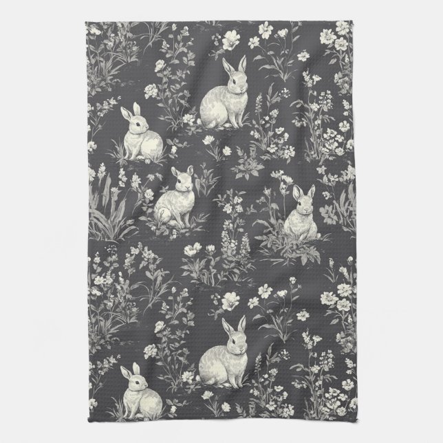 Rustic Black Rabbit Botanical Toile Pattern Kitchen Towel (Vertical)