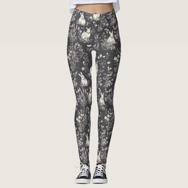 Rustic Black Rabbit Botanical Toile Pattern Leggings (Front)