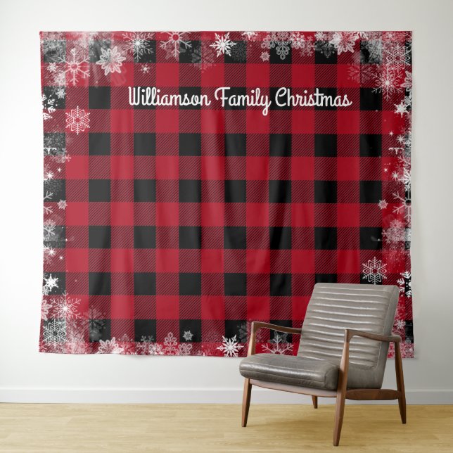 Rustic Black Red Plaid Snow Christmas Photo Booth Tapestry (In Situ (Horizontal))