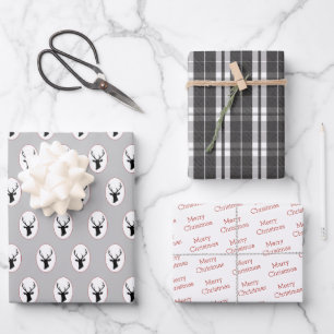 Rustic Black Reindeer with Black and White Tartan Wrapping Paper Sheet