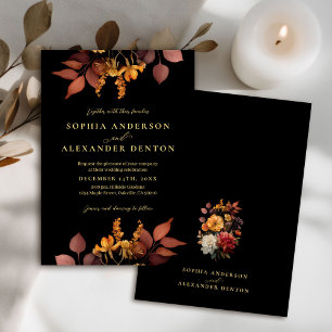 Rustic Black Rust Fall Flowers Wedding Invitation