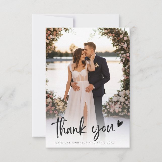 rustic black script heart newlyweds wedding photo thank you card (Front)