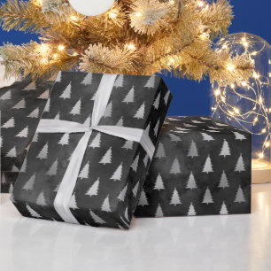 Rustic black silver Christmas trees pattern Wrapping Paper