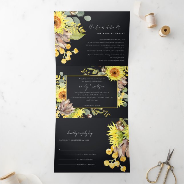 RUSTIC BLACK SUNFLOWER EUCALYPTUS FLORAL WEDDING Tri-Fold INVITATION (Inside)