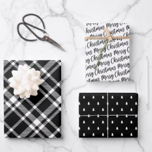 Rustic Black Tartan Plaid Merry Christmas Pattern Wrapping Paper Sheet