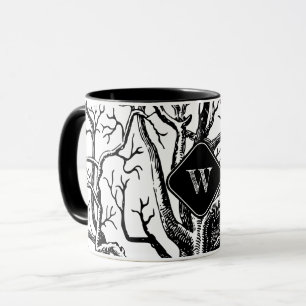 Rustic Black White Abstract Tree Branches Monogram Mug