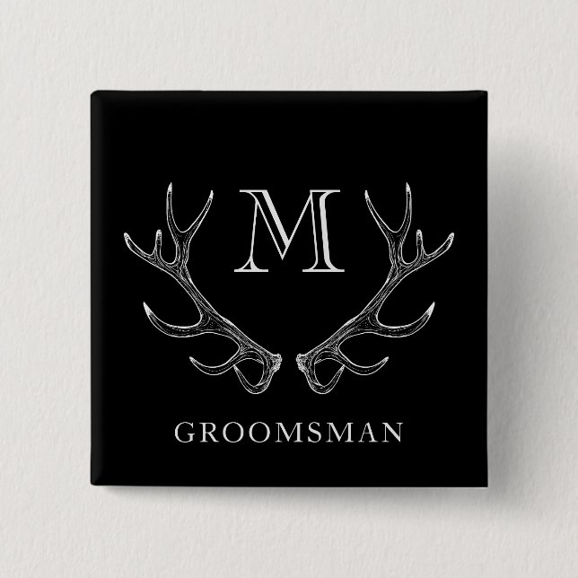 Rustic Black & White Antler Custom Groomsmen Gift 2 Inch Square Button (Front)
