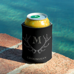 Rustic Black & White Antler Custom Groomsmen Gift Can Cooler