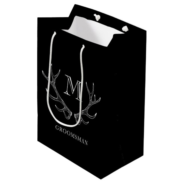 Rustic Black & White Antler Custom Groomsmen Gift Medium Gift Bag (Front Angled)