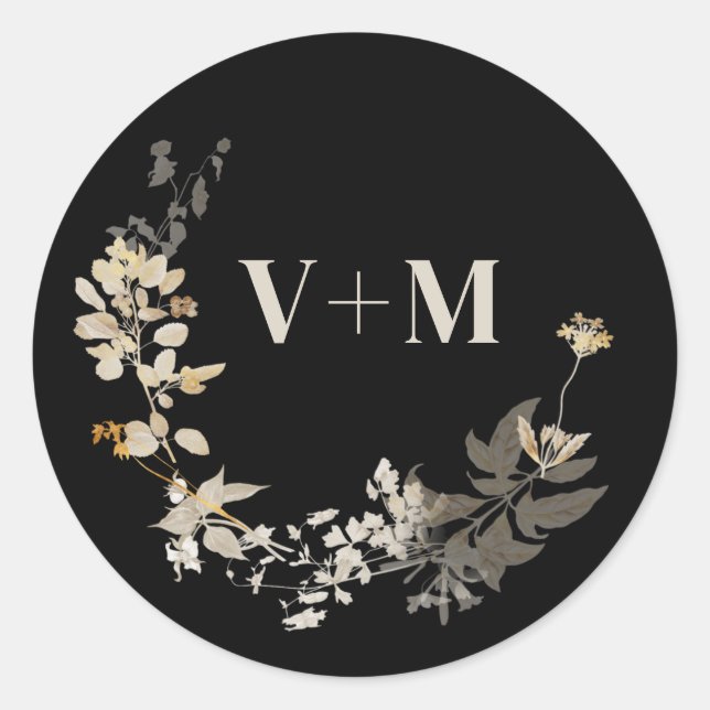 Rustic Black White Botanical Monogram Wedding Classic Round Sticker (Front)