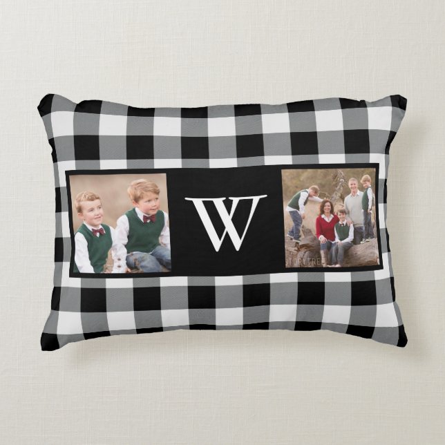 Rustic Black White Buffalo Check 2 Photo Monogram Accent Pillow (Front)