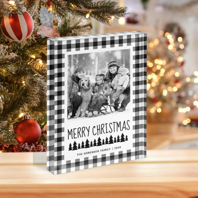 Rustic Black White Buffalo Check Christmas Photo Block (Creator Uploaded)