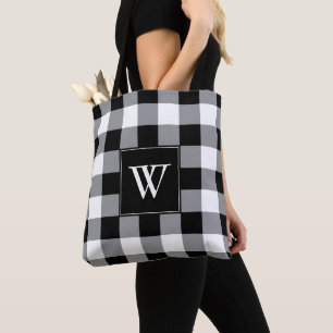 Rustic Black White Buffalo Check Plaid Monogram Tote Bag