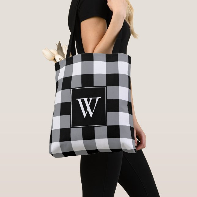Rustic Black White Buffalo Check Plaid Monogram Tote Bag (Close Up)