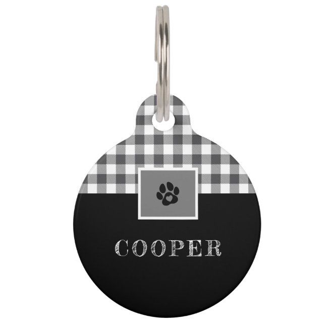 Rustic Black & White Buffalo Lumberjack Plaid Pet Tag (Front)