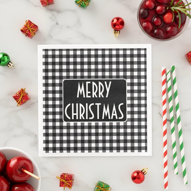 Rustic Black & White Buffalo Plaid Merry Christmas Napkin (Creator Uploaded)