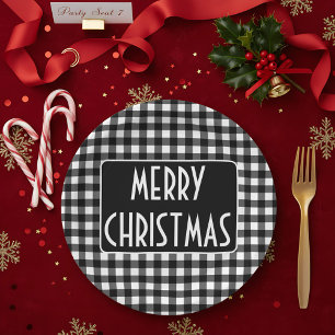 Rustic Black & White Buffalo Plaid Merry Christmas Paper Plate