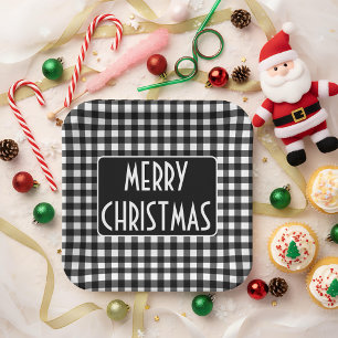 Rustic Black & White Buffalo Plaid Merry Christmas Paper Plate