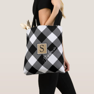 Rustic Black White Buffalo Plaid Monogram Name Tote Bag