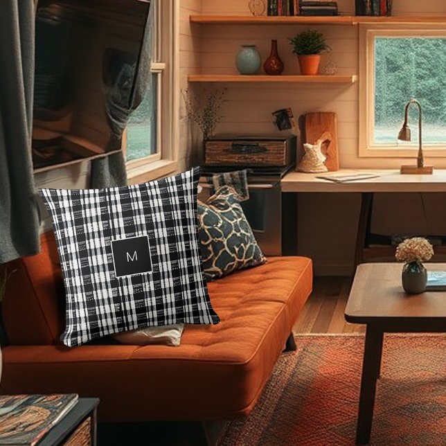 Rustic black white buffalo plaid monogrammed throw pillow (Rustic black white buffalo plaid monogrammed throw pillow. You can add your own monogram.)